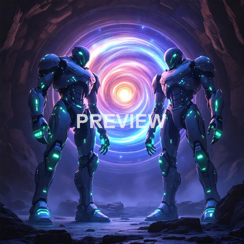 Two futuristic armored robots stand facing each other in a dark, rocky environment with a swirling, colorful vortex of light and energy behind them.